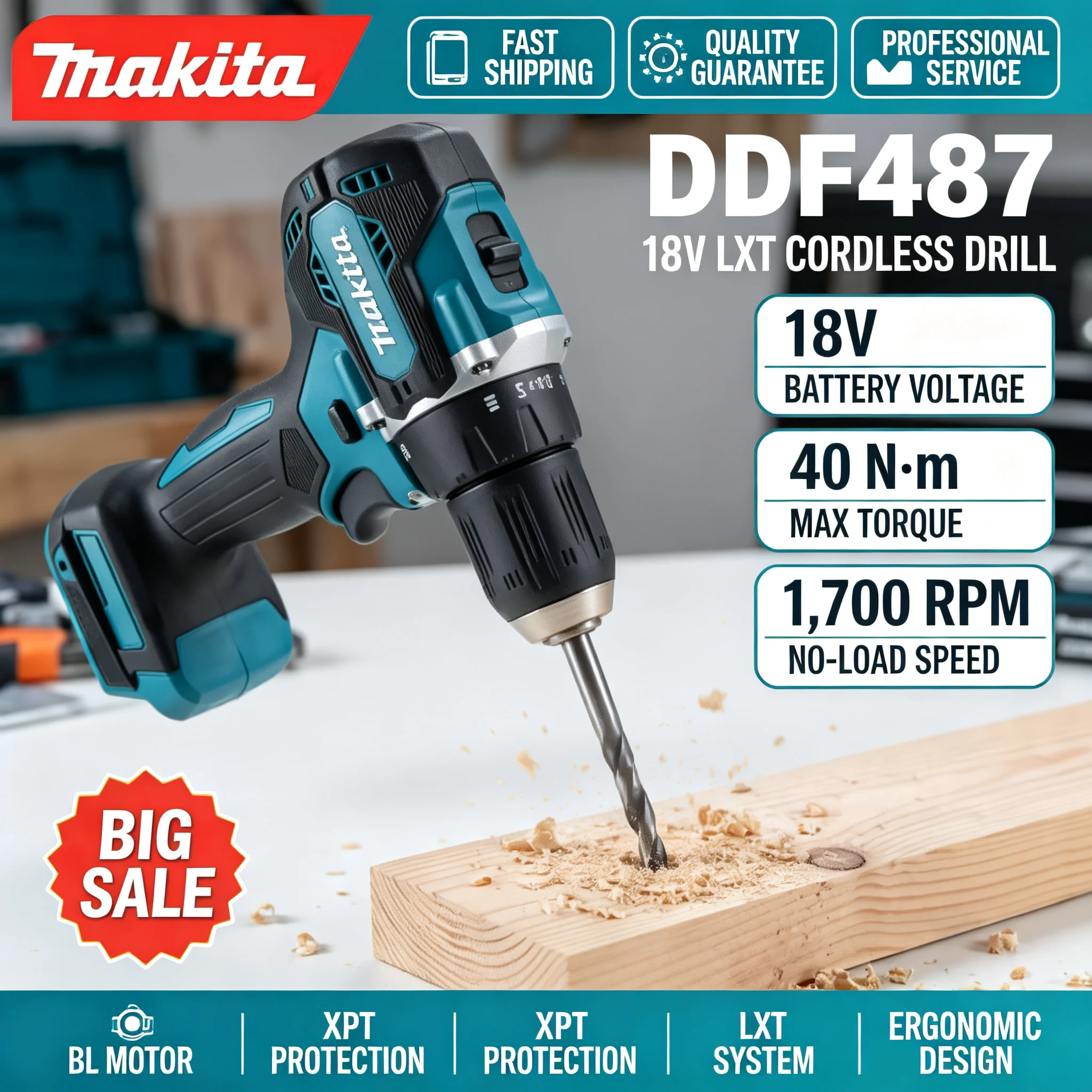 Home Improvement Contractors - Makita DDF487 18V Akku-Bohrschrauber, bürstenloser Motor,